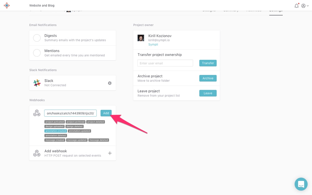 Activatig the webhook in Sympli