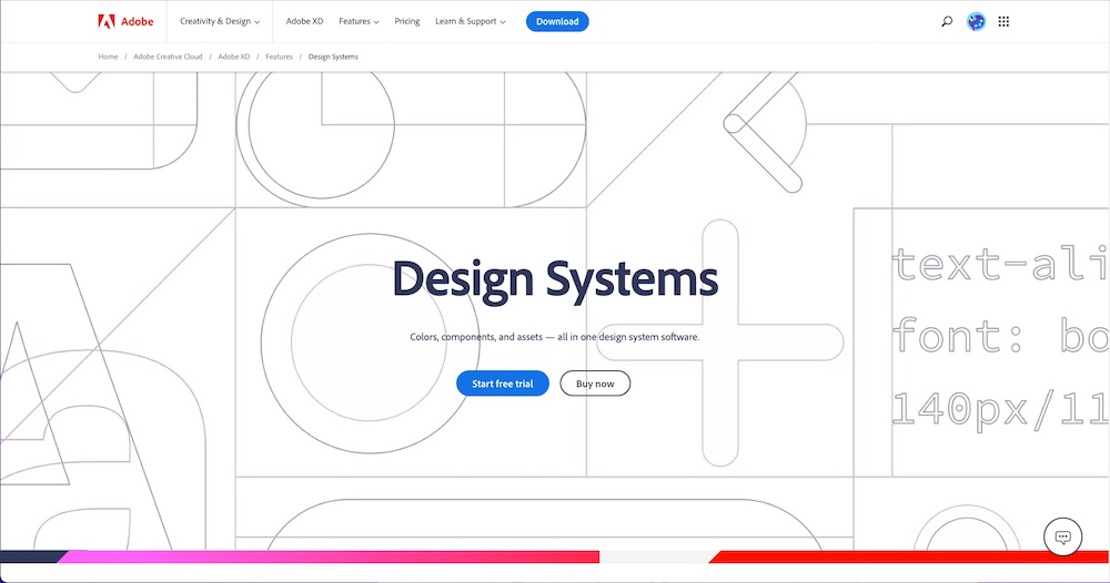Adobe XD for design systems, covering colors, components, and assets.