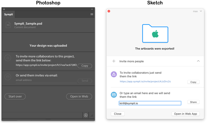 After exporting your artboards, you can invite collaborators directly in Photoshop and Sketch