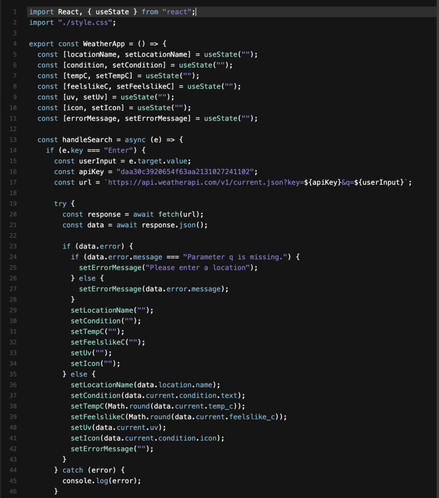 Weather app code snippet